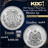 1927 Mexico 1 Peso Silver Santos Collection KM# 45