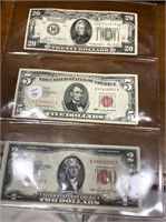 1928 $20 BILL,1963 RED SEAL $5,1953 RED SEAL $2.