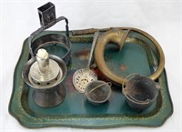 Antique Car Horn, Painted Tray, Metalware