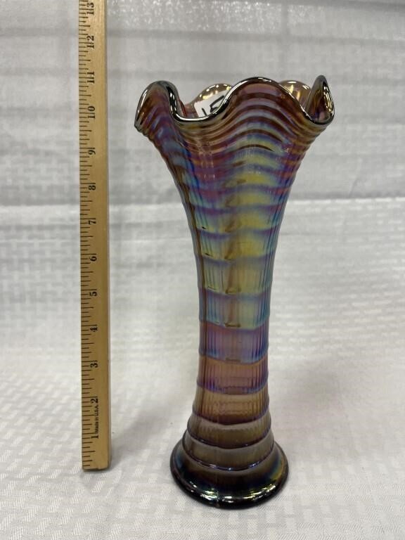 Iridescent carnival glass vase with fluted rim