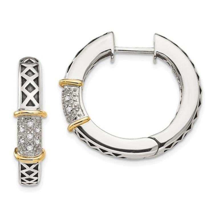 Sterling Silver 14 Kt Diamond Hinged Hoop Earrings