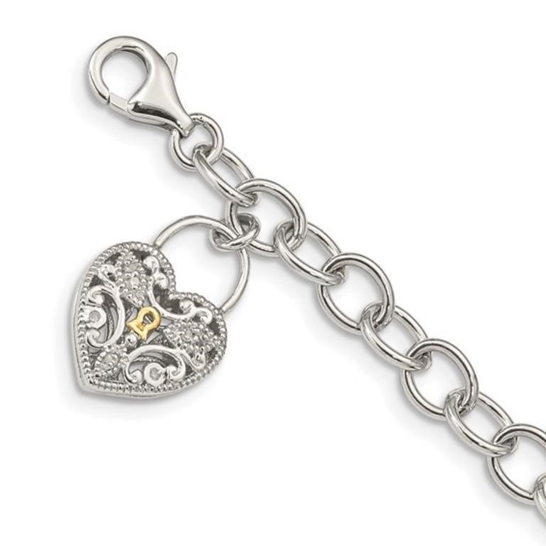 Sterling Silver 14K  Diamond Heart Key Bracelet