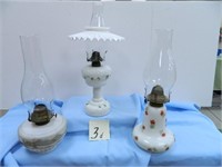 (2) Milk Glass Kerosene Table Lamps & (1) Milk -