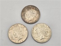 Three 1922  Peace Silver Dollars