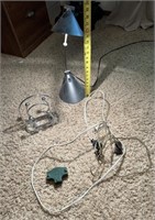 letter holder, desk lamp, small ext cords,