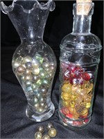 VTG CLEAR IRIDESCENT, RED+GOLD MARBLES IN JARS