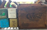 Cinco cigar box and early tins