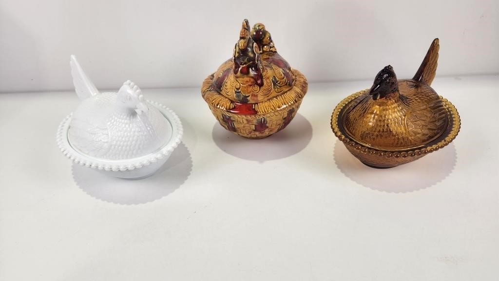 (3) Vtg Hens on Nests, Amber Glass, Milk Glass &