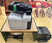 2 Printers, Wood Stand, 2 Apple Monitors & Shelf
