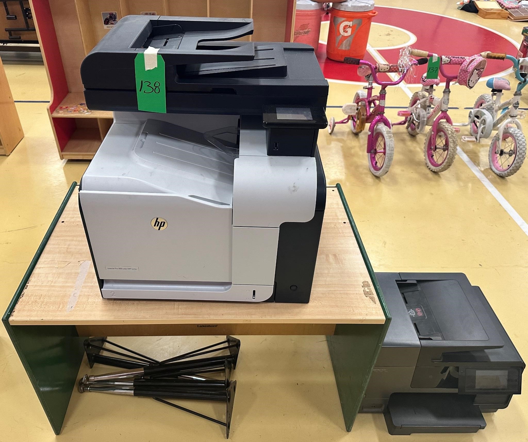 2 Printers, Wood Stand, 2 Apple Monitors & Shelf