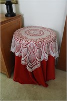 Sm. Wooden Table with tablecloth & doily