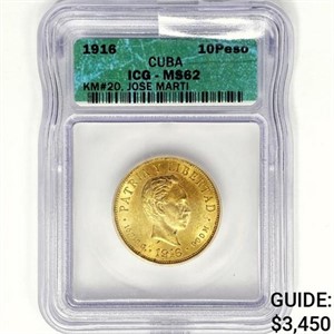 1916 Gold Cuban 10 Pesos ICG MS62
