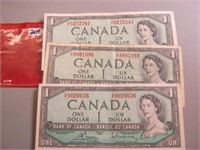 3  Canadian 1954  One Dollar Bills