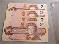 4  Canadian 1986 Sequential Two Dollar Bills