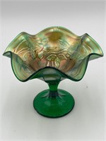 Carnival Glass Green Ruffled Pedestal Compote