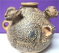 Mexican Jaguar Pottery Bowl With Handles 10"x10"