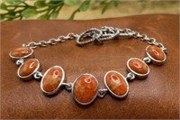 Orange Coral Gemstone .925 Sterling 7.5" Bracelet