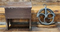 Old Cast Iron Well Pulley and Small Stool/Box