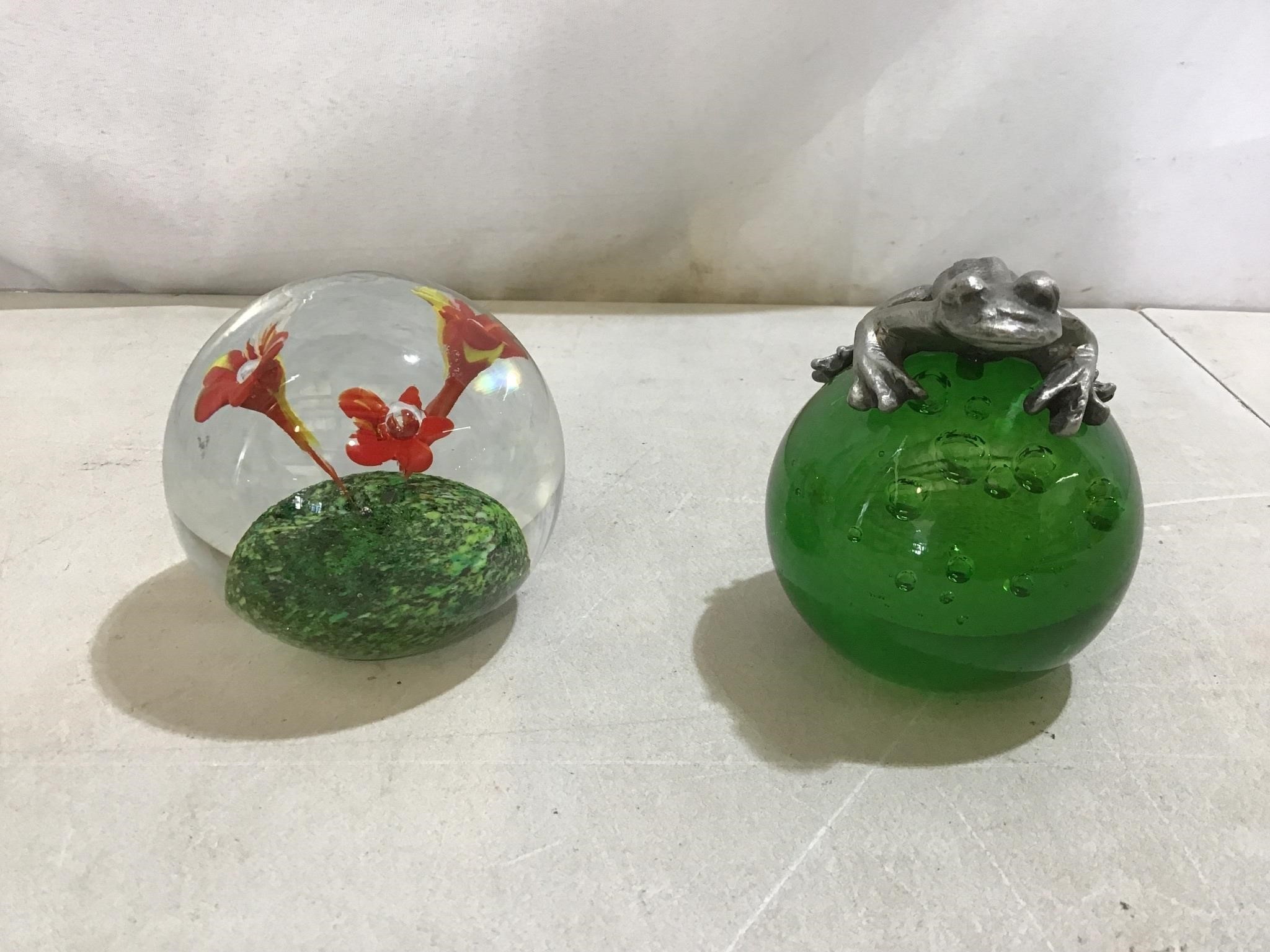 Orb paperweights: lilies, frog topped bubbles