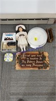 Home decor sign, doll, dish, etc