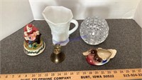 Milk glass, brass bell, glassware, misc.