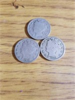 3  V nickels 1910 1911 1912