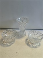 3- crystal pressed glass vase (7”)  and bowls 3”