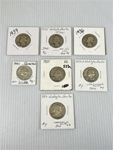 (6) Washington Silver Quarters 1950, 1950 D, 1941,