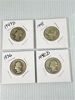 (4) Silver Quarters 1936, 1942 D, 1941, 1943 D