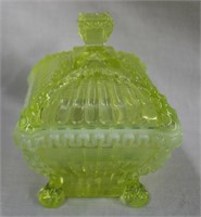 Opalescent Vaseline glass covered candy dish /
