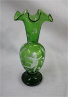 Mary Gregory blown glass bud vase with enamel