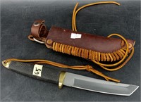 Modern Tanto knife with brass guard, rubber handle