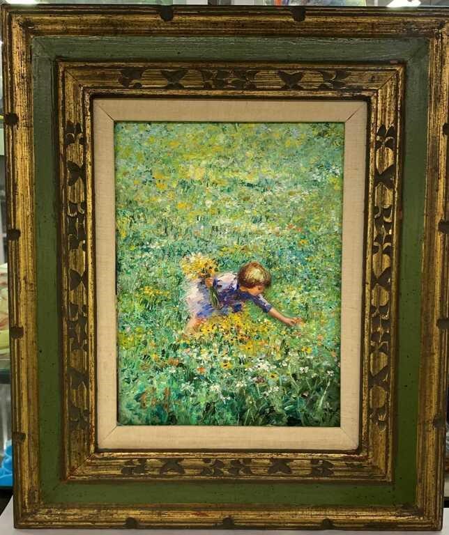 Ceballos Oil On Canvas Of Girl Picking Flowers