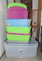 Lot of 8 plastic totes with lids, various sizes