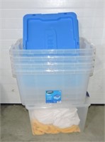 Lot of 5 plastic totes with lids, various sizes
