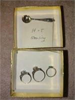 Sterling silver mini spoon pin back, and 3 rings