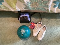 Bowling ball and shoes and travel bag