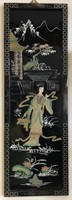 Oriental black lacquer framed panel. Geisha girl