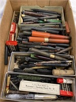 Box of vintage fountain pens and pencils