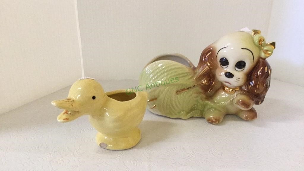 Two vintage ceramic planters includes a dog and