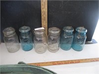 3 blue 3 clear jars & basket