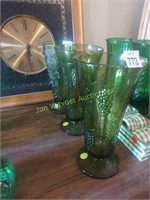 3 green glass grape vases