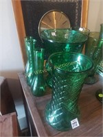 5 Assorted green glass vases