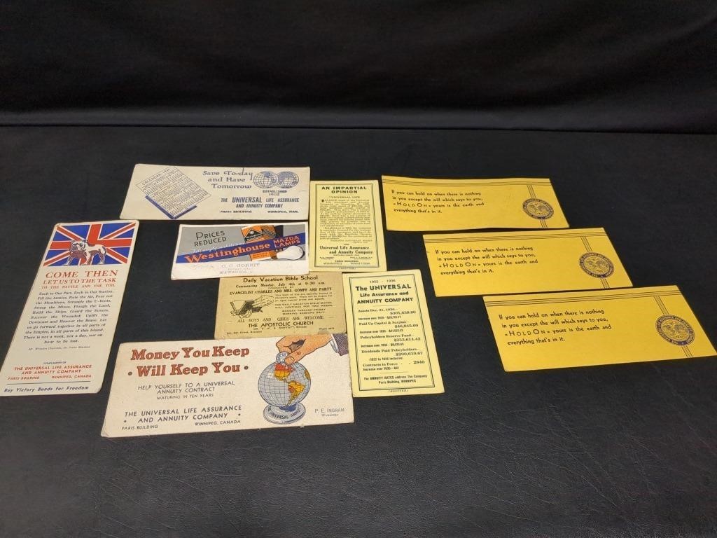 Vintage cardboard flyers from various businesses