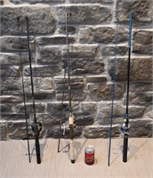 3 ensembles canne et moulinet de pêche dont