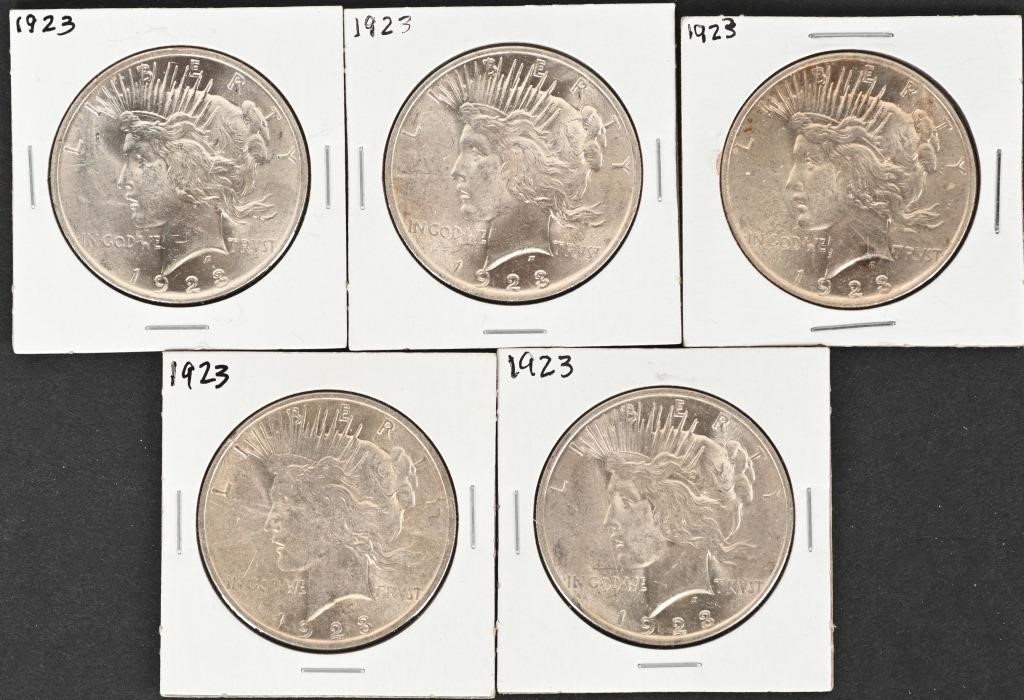 5- 1923 PEACE SILVER DOLLARS UNCIRC. FROM ROLL