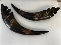 2 Vintage Hand Carved Water Buffalo Horn Large