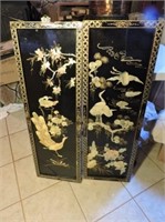 2 Asian wall panels, black lacquer and stone