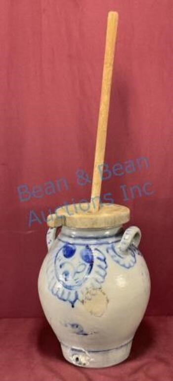 Early crock water jug with churn Dasher
