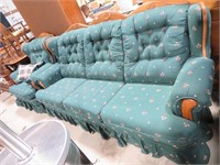 oak/green upholstered couch & chair